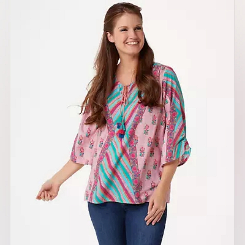 Tolani Edith Rose Pink Floral Modal Soft Comfy Boho Blouse Top 2X Hippie